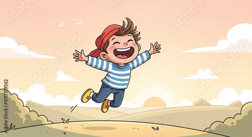 Happy child jumping with joy in a sunny landscape with clouds and a bright sky
