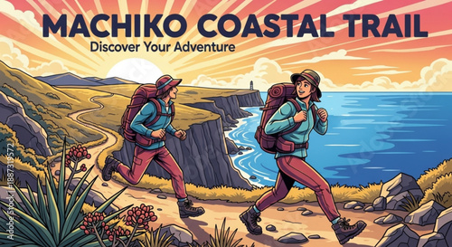 Hikers walking on coastal trail at sunset with backpacks and trekking poles on rocky path