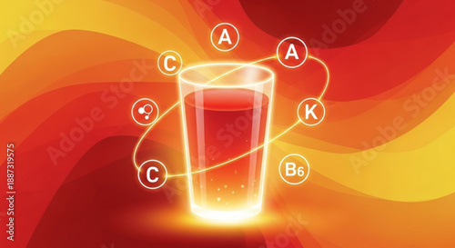 Glowing glass of juice with vitamins a c k and b6 on a vibrant orange background