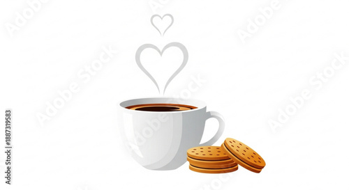 Steaming cup of coffee with cookies and heart shaped steam on a clean white background for love and comfort concept