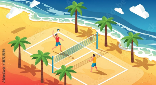 Beach volleyball game on sandy shore with palm trees and ocean waves in sunny weather conditions