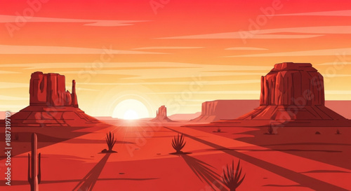 Vibrant desert landscape at sunset with iconic rock formations and vast sandy terrain under orange sky