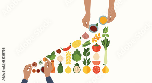 A minimalist illustration showcasing hands offering various spices. Ideal for culinary blogs, food-related marketing, or representing fresh ingredient