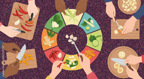 A vibrant illustration showcasing diverse hands chopping fresh ingredients. Ideal for cooking blogs, recipe websites, or representing cultural cuisine