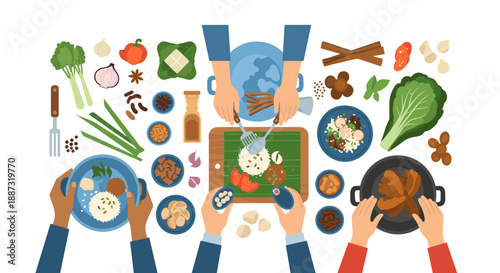 A vibrant flat lay illustration showcasing fresh ingredients and prepared meals, perfect for culinary blogs, healthy eating campaigns, or food-related