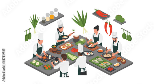 A bright and clean isometric illustration depicting a team of chefs preparing food in a commercial kitchen. Ideal for culinary blogs, restaurant websi