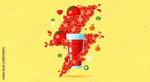 Fresh tomatoes and vegetable juice in a glass with splashing red ingredients on yellow background for healthy eating and nutrition concepts