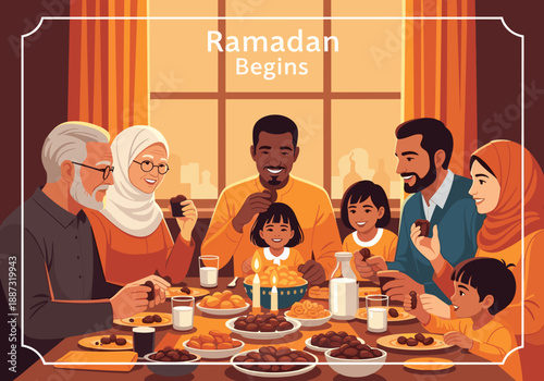 A warmly lit illustration depicts a family enjoying a meal together, evoking feelings of togetherness and tradition. Perfect for concepts of family, c