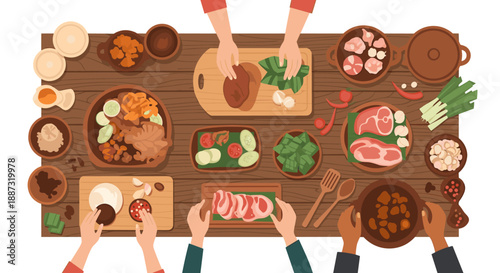 A vibrant, flat-lay illustration depicting a shared meal, evoking feelings of togetherness and cultural experience. Ideal for food blogs, restaurant m