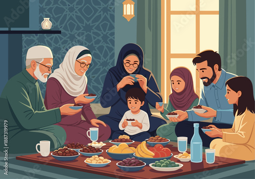 A warm illustration of senior Muslim individuals enjoying a meal together, representing community, tradition and intergenerational connection. Ideal f