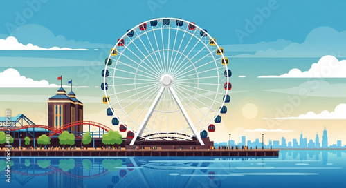 Large colorful ferris wheel on waterfront with city skyline and amusement park attractions