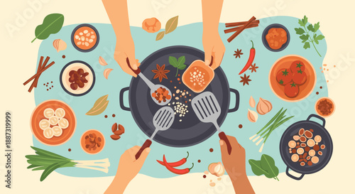 A cheerful, colorful illustration of hands preparing food, showcasing fresh ingredients. Ideal for recipes, food blogs, or healthy meal promotions.