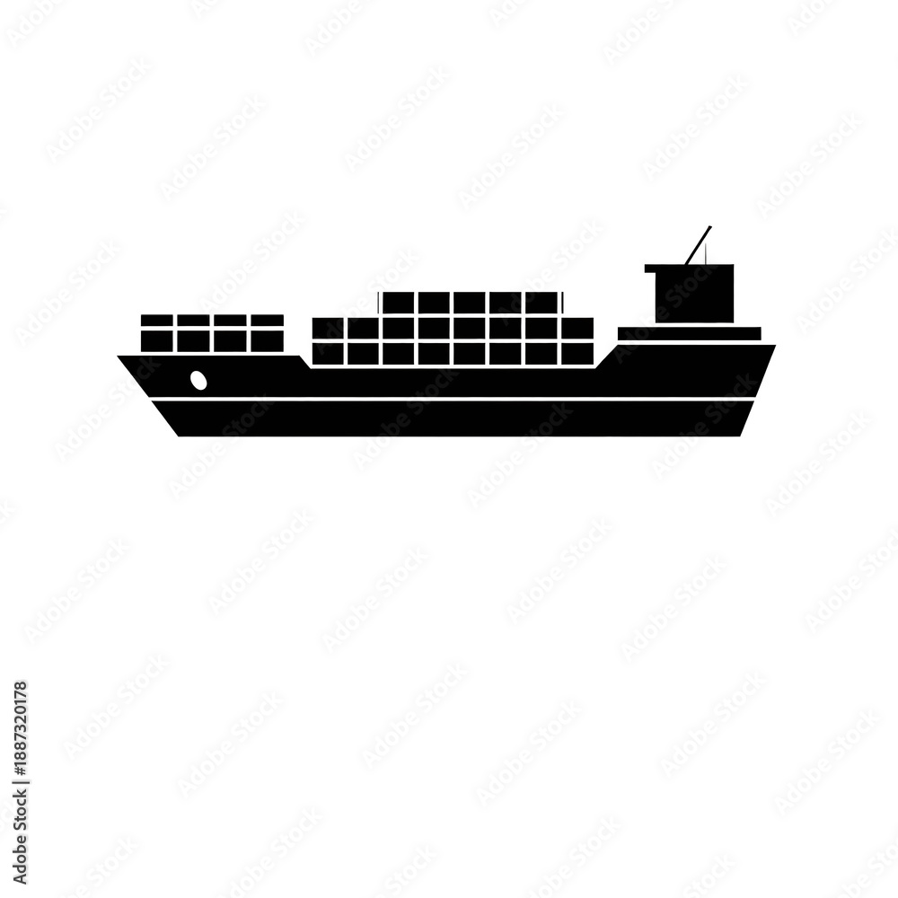Obraz premium Black silhouette of a cargo ship with stacked containers, representing maritime transport, logistics, and freight delivery. Ideal for shipping and trade-related concepts.