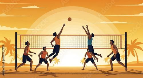 Six men playing volleyball on a sunny beach at sunset with palm trees