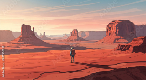 Lonely traveler stands amidst vast desert landscape with towering red rock formations at sunset