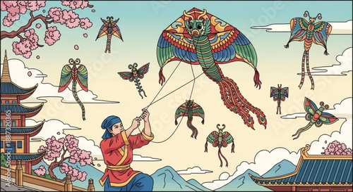 Woman flies colorful dragon kite amidst cherry blossoms and pagodas in serene mountain landscape