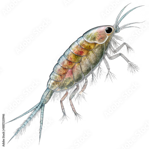 Intricate freshwater copepod micro creature form in translucent detail