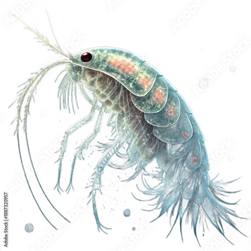Detailed view of a freshwater copepod micro creature in its transparent form, ideal for educational and scientific use.