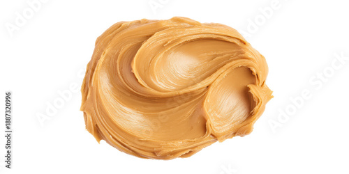 A Delicious Dollop of Creamy Peanut Butter with a Smooth Swirled Texture Seen from a Top Down View and Isolated on a Transparent Background.