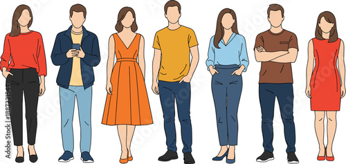 Illustration of diverse people in casual and semi‑formal clothing standing together representing fashion, lifestyle, teamwork, community and modern design concepts