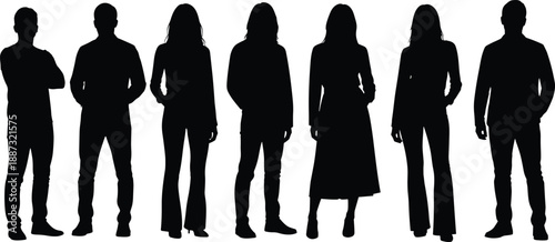 Silhouette illustration of diverse people standing side by side in casual postures representing teamwork, lifestyle, community, fashion and modern design concepts