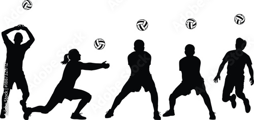 Dynamic silhouettes of volleyball players in action poses with ball, showcasing teamwork, athletic movement, sports training and competitive energy