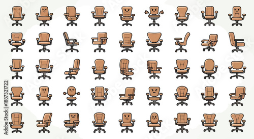 Cartoon office chairs in varying designs and expressions, presented in a grid format