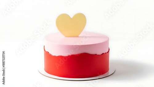 Small minimalist round cake with contrasting pink and bright red layers is topped with a single pale yellow heart shape on a white surface.