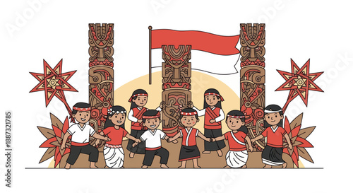 Cartoon of a celebratory gathering featuring dancers, flag, ornate pillars, and decorations