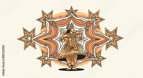 A dancer in traditional attire performs before an ornamental backdrop of radiating starbursts