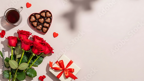 Valentine's Day flat lay arrangement includes a bouquet of red roses, a heart-shaped chocolate box, and a wrapped present.