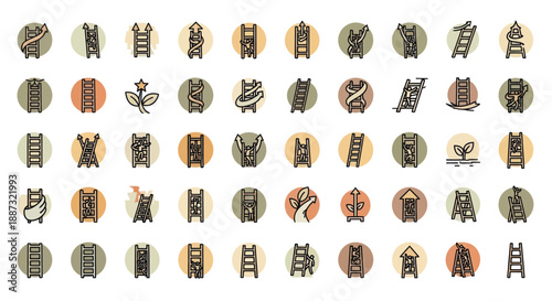 Collection of ladder icons, with varied designs; many feature people, plants, and arrows