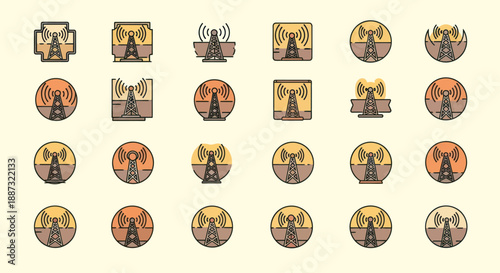 A collection of stylized antenna tower icons, featuring diverse shapes and backgrounds