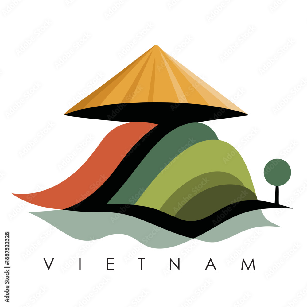 Fototapeta premium Stylized Vietnamese Landscape with Traditional Conical Hat and Layered Hills