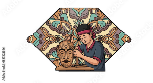 An artisan carving a wooden mask, set against an ornate abstract background in a rhombus frame