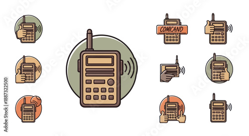 A collection of illustrations of walkie-talkies in various poses and configurations