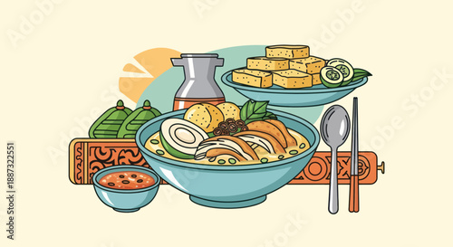 Colorful illustration of Indonesian soto ayam with side dishes, perfect for culinary themes