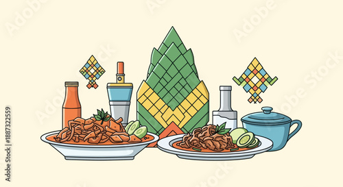 Illustration of Indonesian cuisine with ketupat, plates of food, and condiments