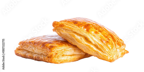 A Close Up Studio Shot of Two Freshly Baked Rectangular Puff Pastry Turnovers with a Crispy Golden Crust Isolated on a Transparent Background.