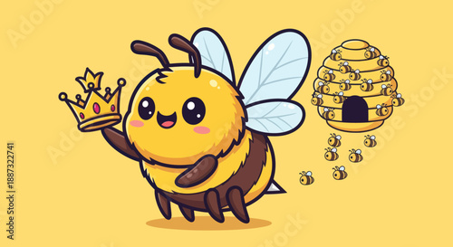 Cartoon queen bee holding a crown, beehive, and worker bees on yellow background