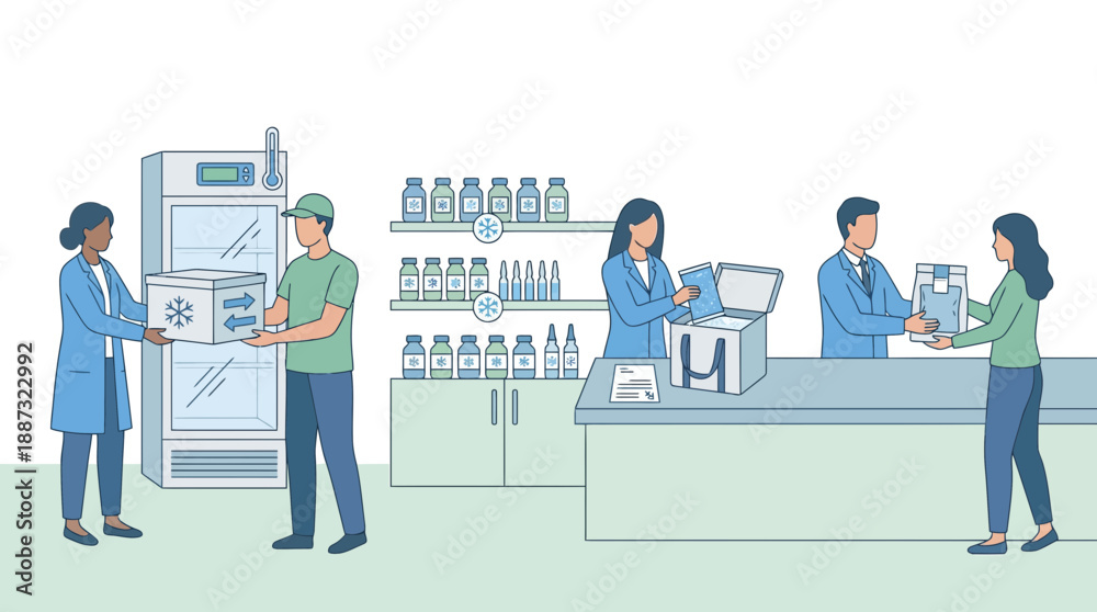Fototapeta premium Pharmaceutical professionals handling cold storage products in modern lab