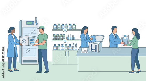 Pharmaceutical professionals handling cold storage products in modern lab