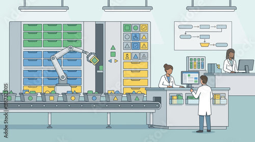 Efficient factory workers managing modern industrial production line with robotic arm