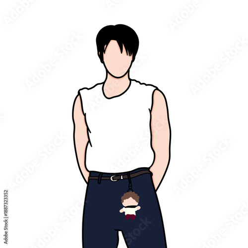 Vector illustration Korean K-pop idol. A cute male K-pop idol is at a concert wearing a short white t-shirt and a small doll hanging on a string.