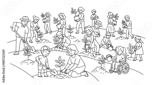 A diverse group of children and adults planting trees and gardening together outdoors in a happy educational setting.