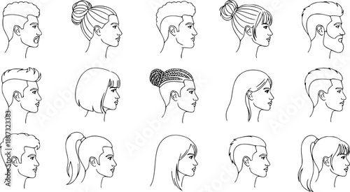 Group man woman profile line art head and hairstyle 