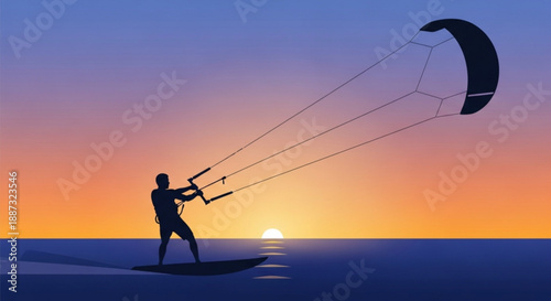 Kitesurfer standing on board with kite flying high in vibrant sunset sky silhouette against colorful background