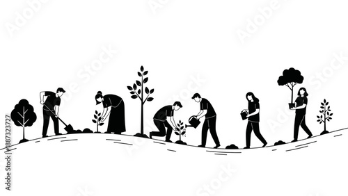 Illustration of people engaging in various gardening activities from planting to growth in a simple, black and white style against a clean white background.
