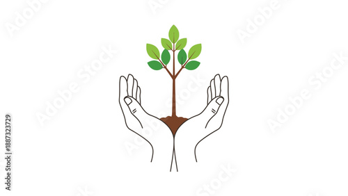 Illustration of cupped hands cradling a small tree with green leaves and brown trunk on a white background, conveying happy education and growth.