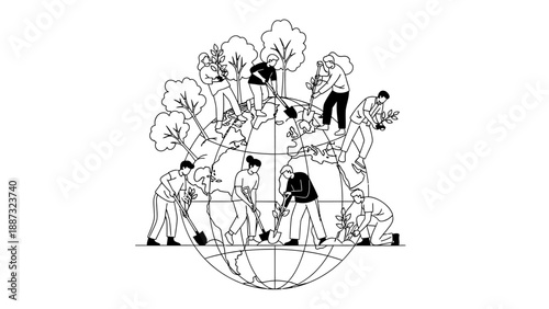 Illustration of diverse people engaged in happy education activities around a globe with trees and plants in a black and white line art style on a clean background.